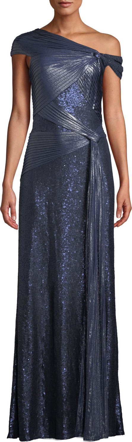 Tadashi Shoji One-Shoulder Metallic Pintuck Gown