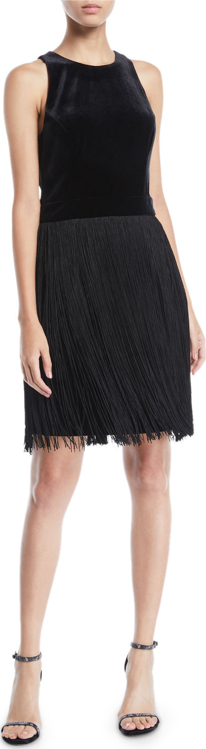 Aidan by Aidan Mattox Sleeveless Velvet & Fringe Dress
