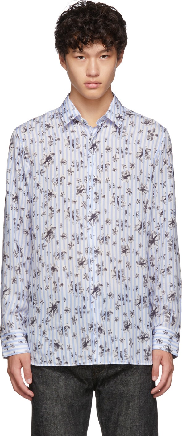 Neil Barrett Blue & White Striped Floral All-Over Shirt