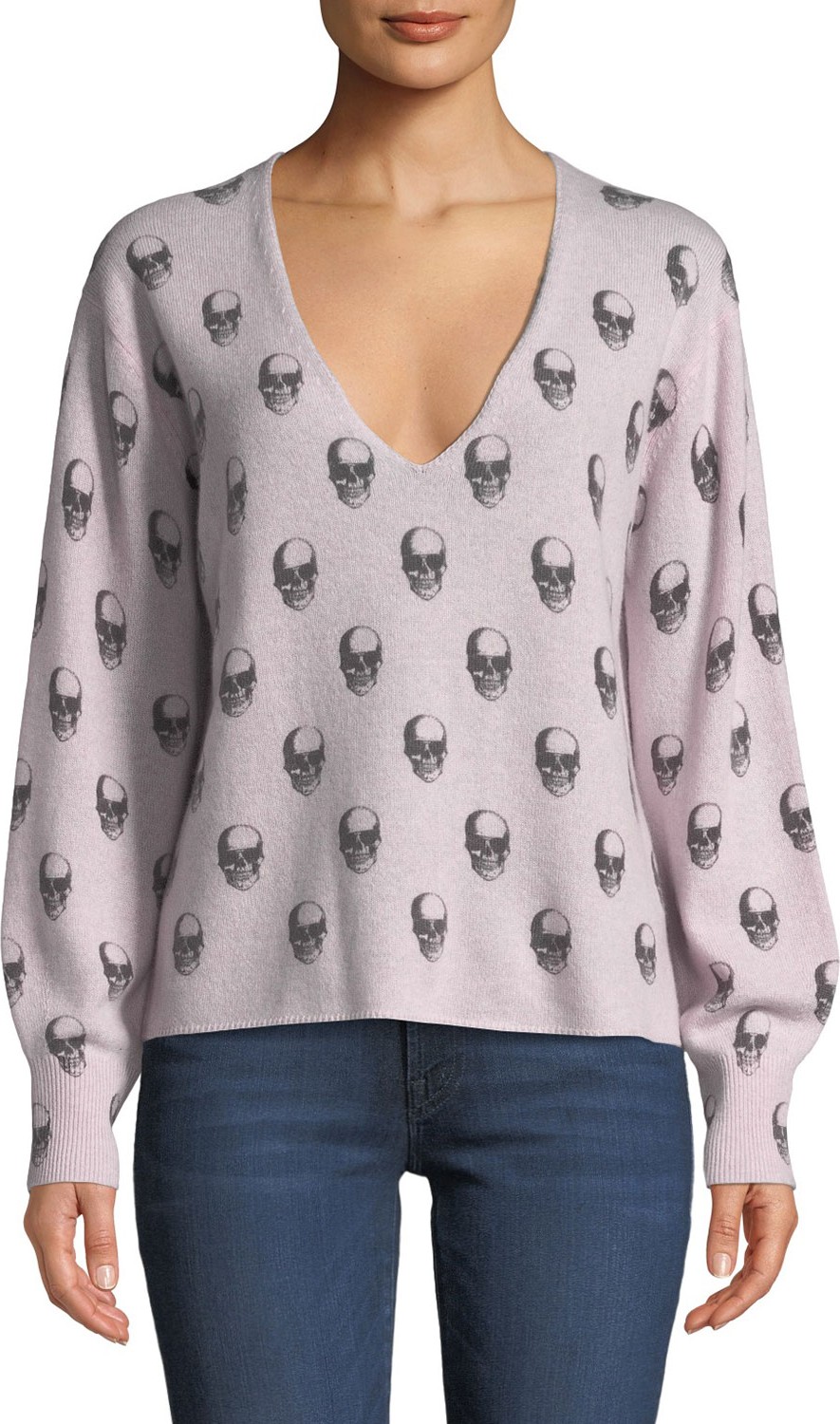 360 Cashmere Penny Skull-Print V-Neck Cashmere Sweater