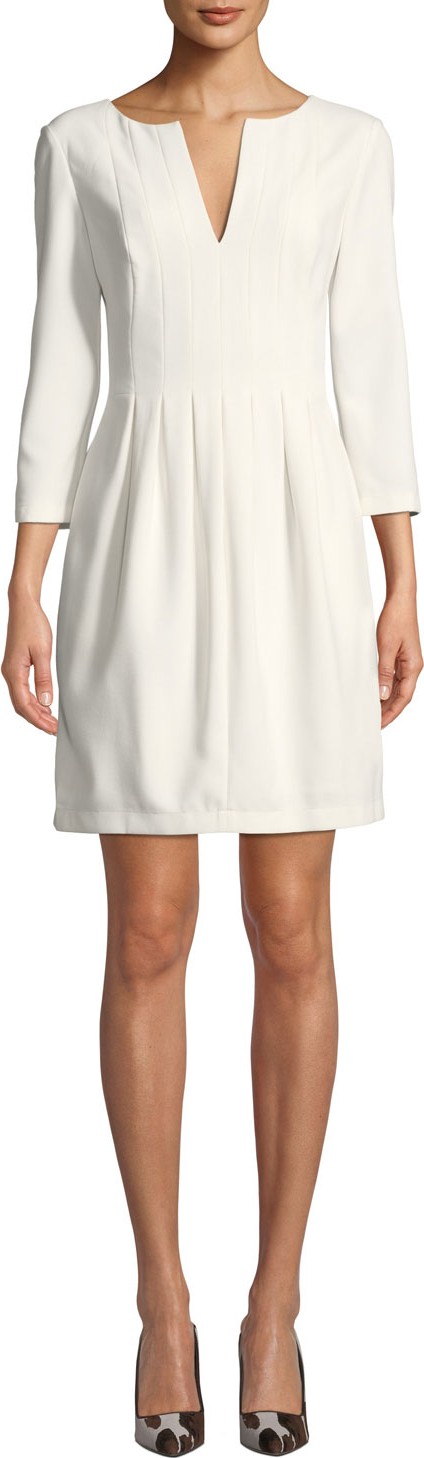 HALSTON HERITAGE 3/4-Sleeve Notch-Neck Dress With Seams