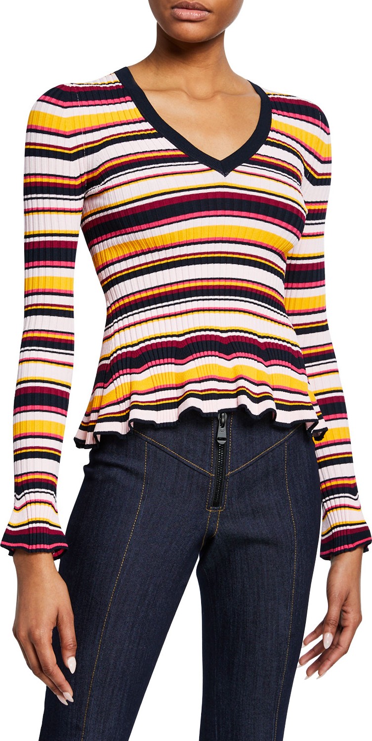 Cinq A Sept Zana Striped V-Neck Ruffle-Hem Ribbed Sweater