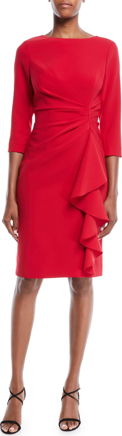 Rickie Freeman for Teri Jon 3/4-Sleeve Draped Cascade Ruffle Sheath Crepe Cocktail Dress