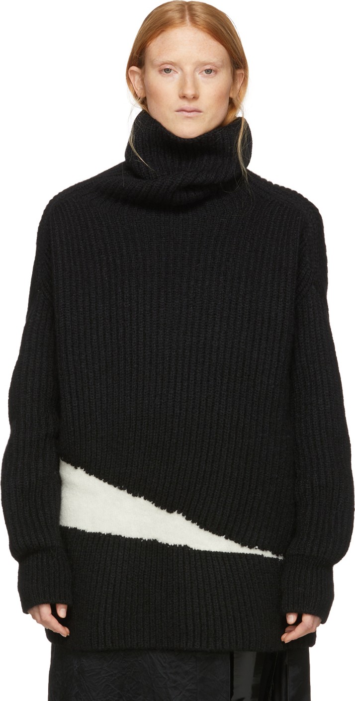 Ann Demeulemeester Black & White Wool Side Elastic Turtleneck