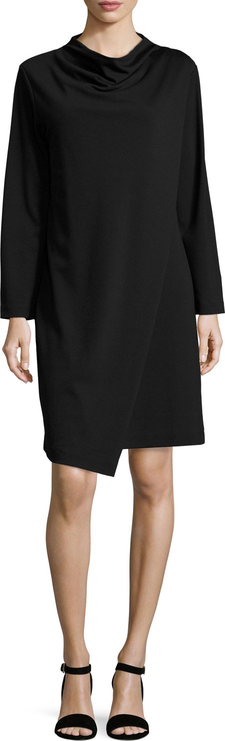 Joan Vass Long-Sleeve Drape-Front Knit Dress