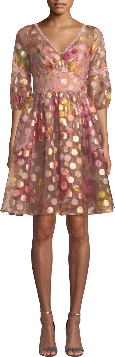 Marchesa Notte Bubble-Sleeve Fil-Coupe Dress