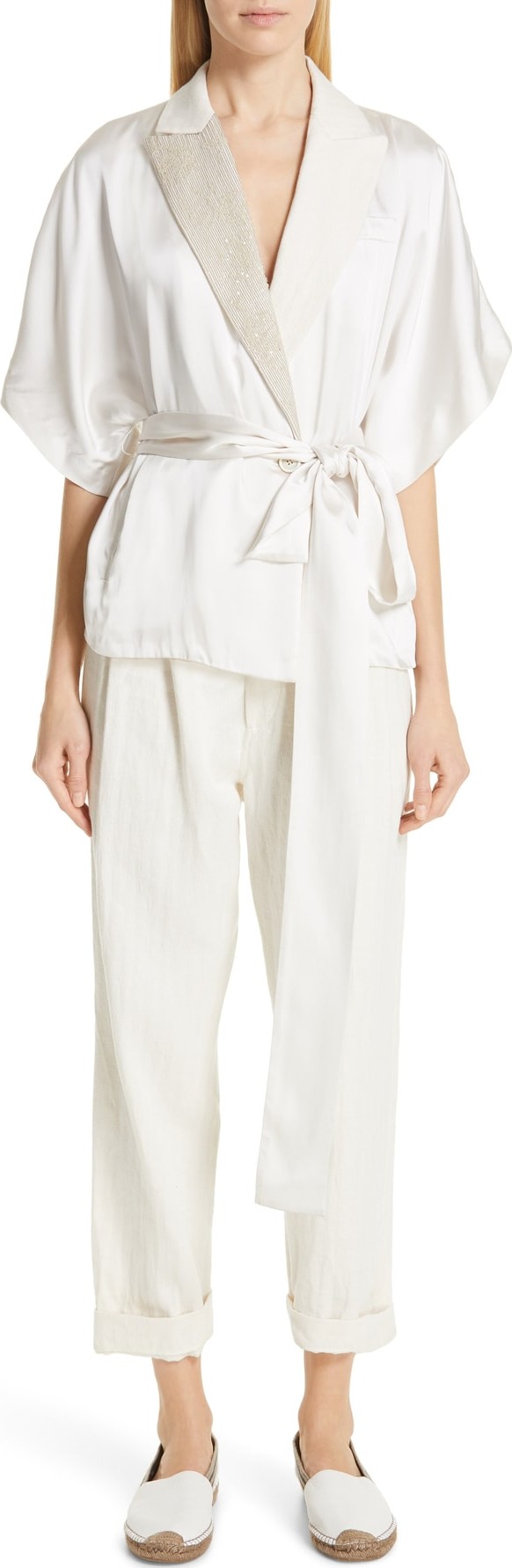 Brunello Cucinelli Embellished Lapel Satin Kimono Jacket