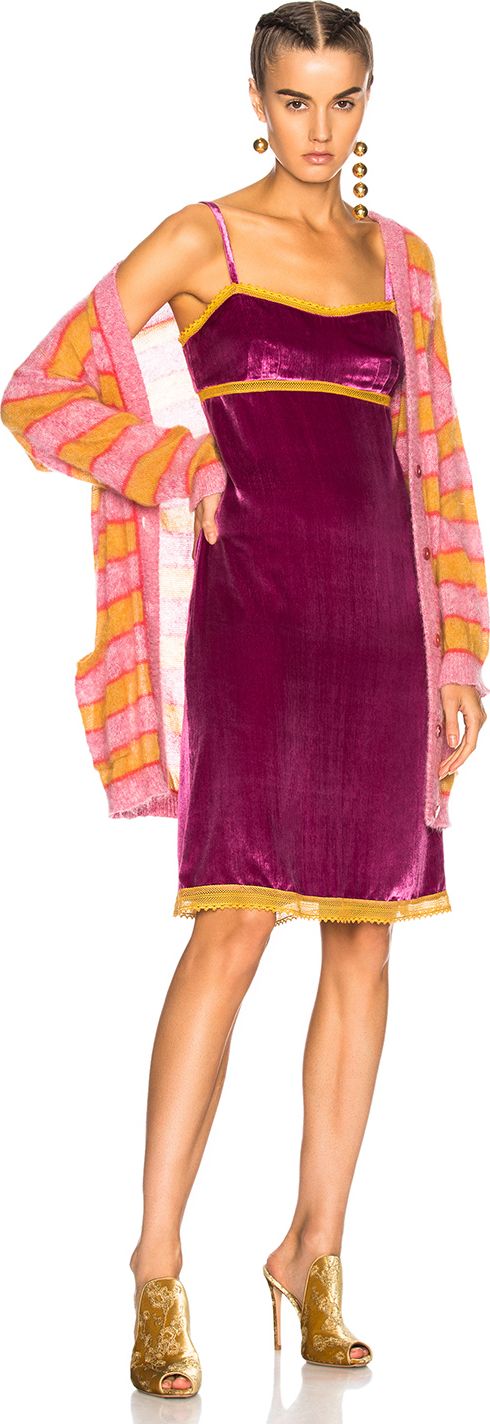 Alberta Ferretti Lace Trim Velvet Slip Dress