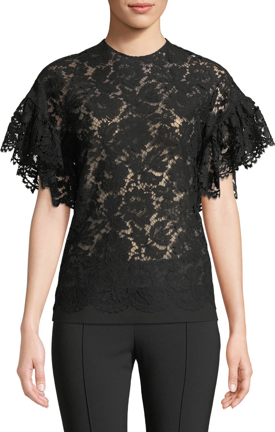 Valentino Flutter-Sleeve Lace Blouse