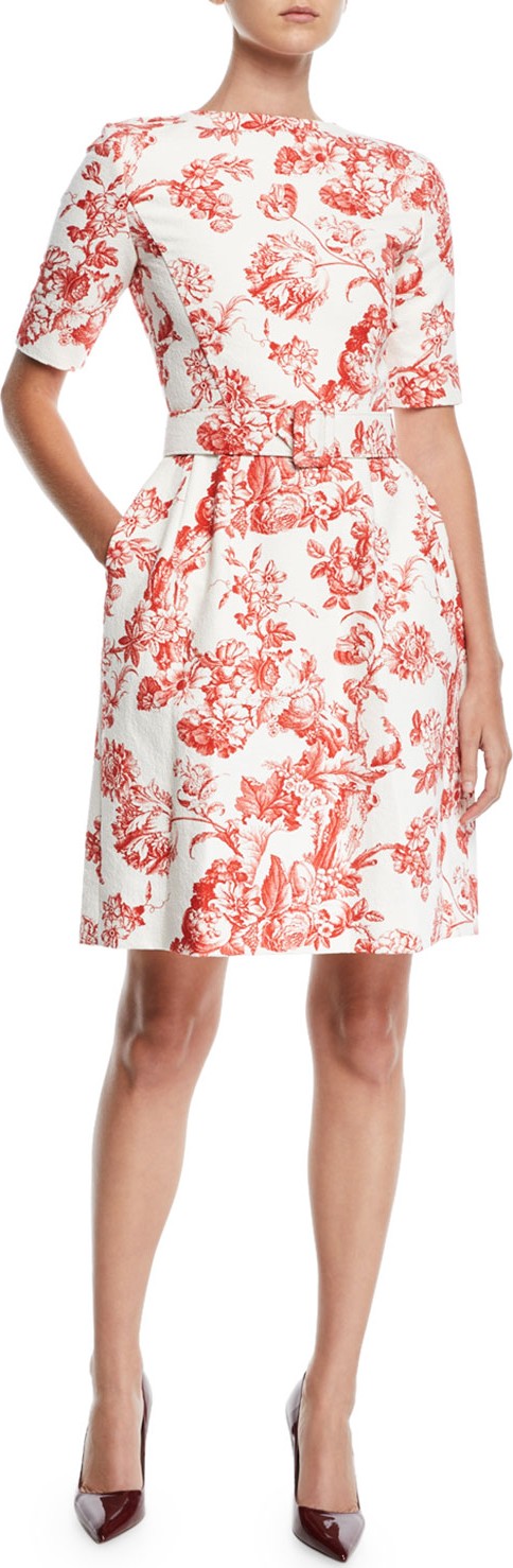 Oscar De La Renta High-Neck Short-Sleeve Belted Toile Fit-and-Flare Daytime Dress
