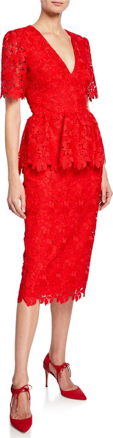Badgley Mischka V-Neck Short-Sleeve Scallop Lace Peplum Dress