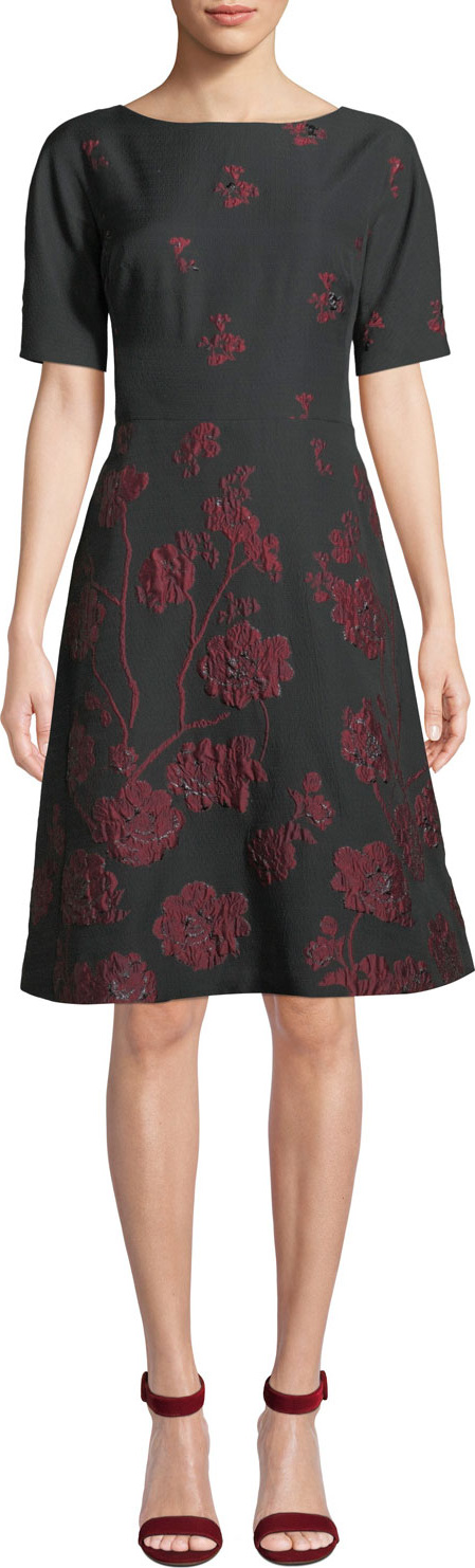 Rickie Freeman for Teri Jon Jacquard Short-Sleeve Floral Dress