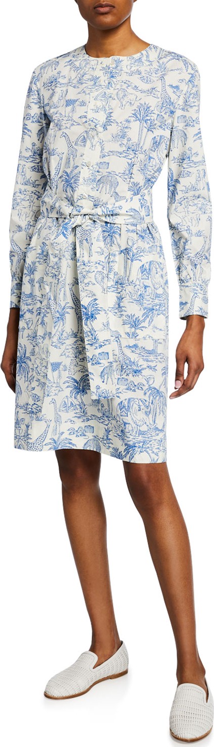 Tory Burch Printed Button-Front Long-Sleeve Belted Cotton Shirtdress