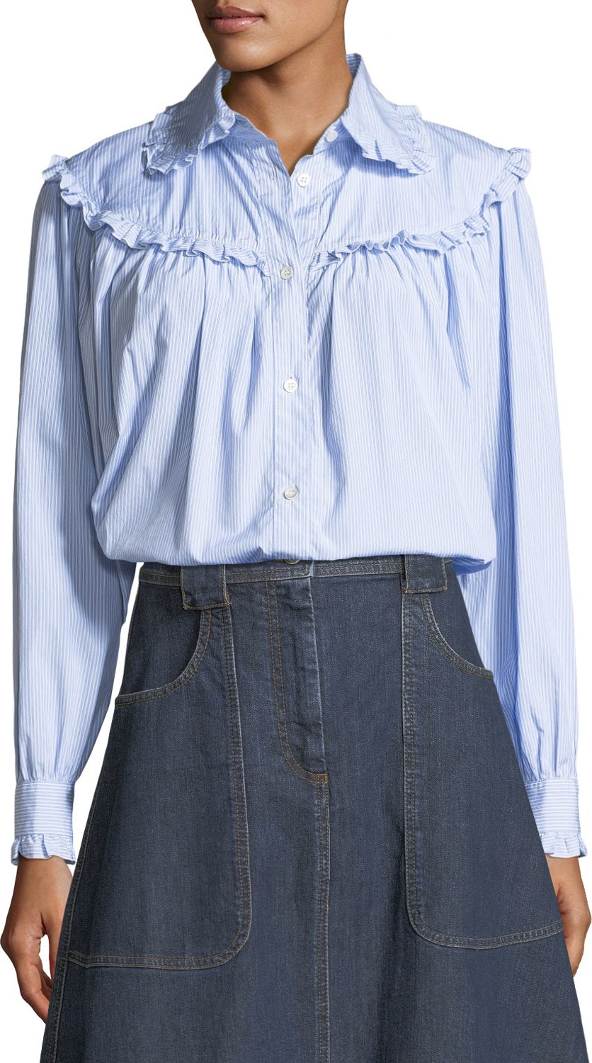 Alexa Chung Frill-Trim Button-Front Oversized Denim Shirt