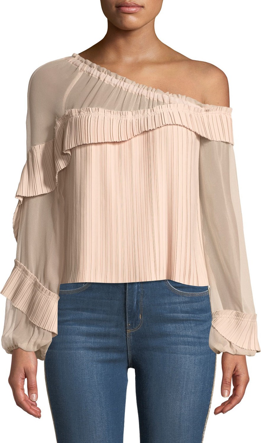 Ramy Brook Aurora One-Shoulder Pleated Long-Sleeve Top