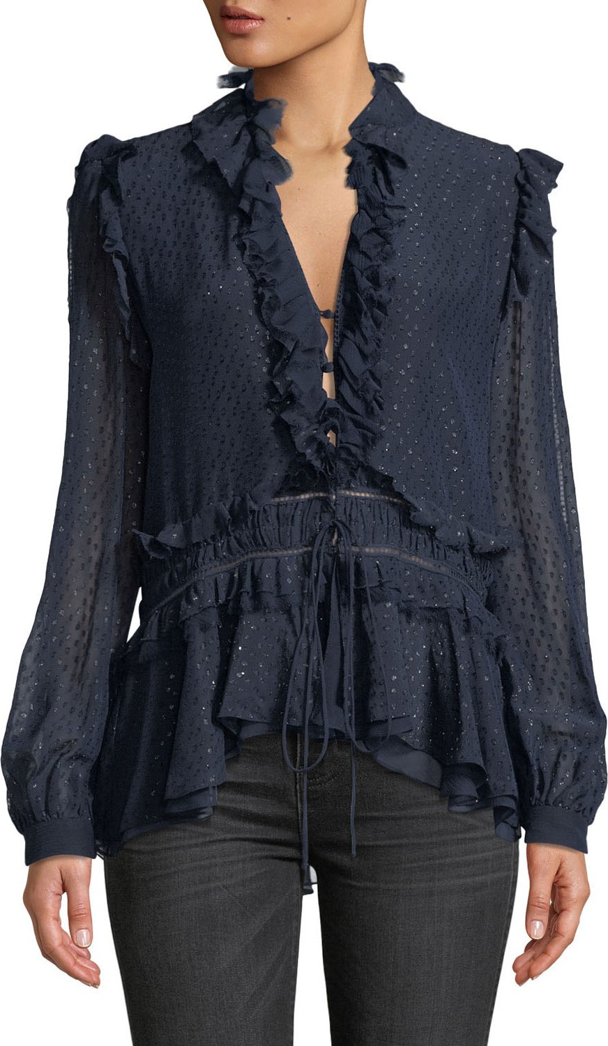 Jonathan Simkhai Metallic Chiffon V-Neck Ruffle Blouse