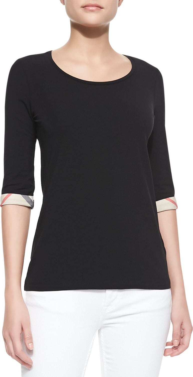 Burberry London England 3/4-Sleeve Check-Cuff Scoop Tee