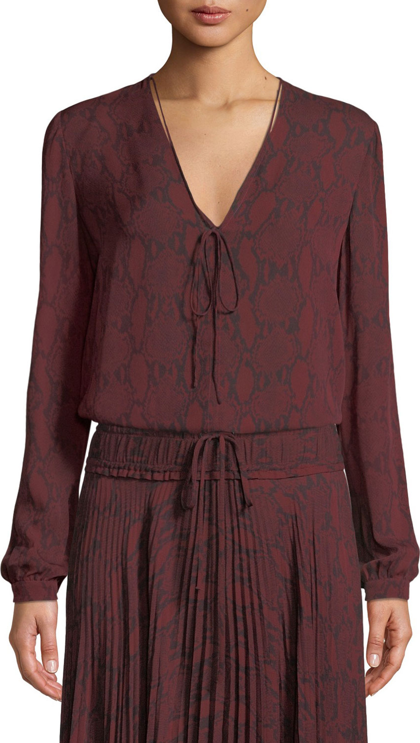 A.L.C. Kirk Snake-Print Long-Sleeve Silk Top