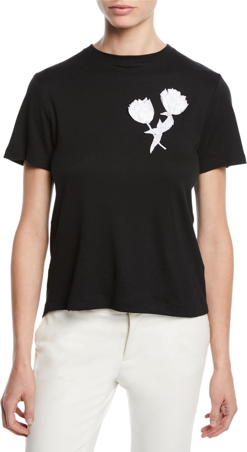 Oscar De La Renta Tulip-Embroidered Tieback Crewneck Short-Sleeve Cotton Tee