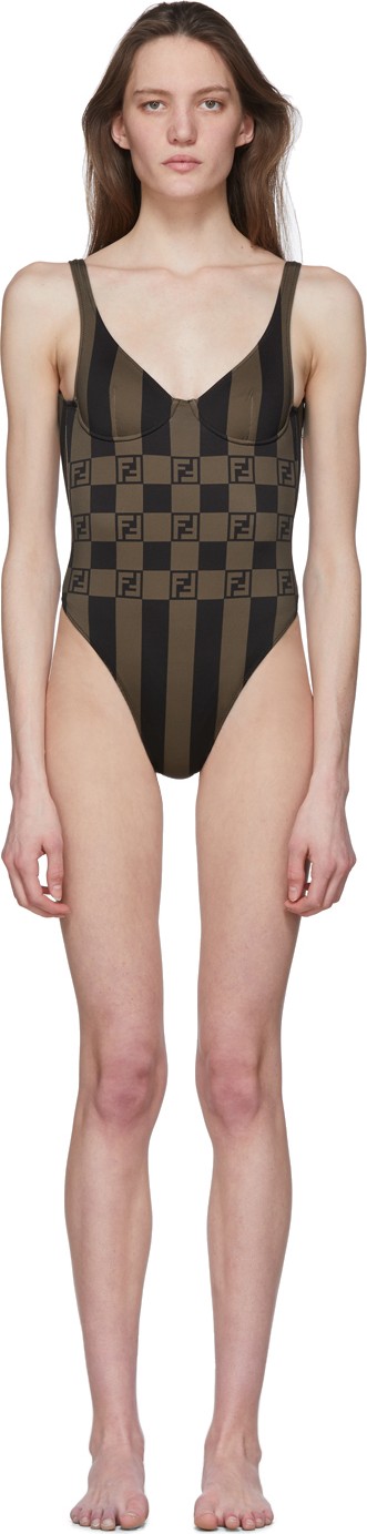 Fendi Brown 'Forever Fendi' Stripe One-Piece Swimsuit