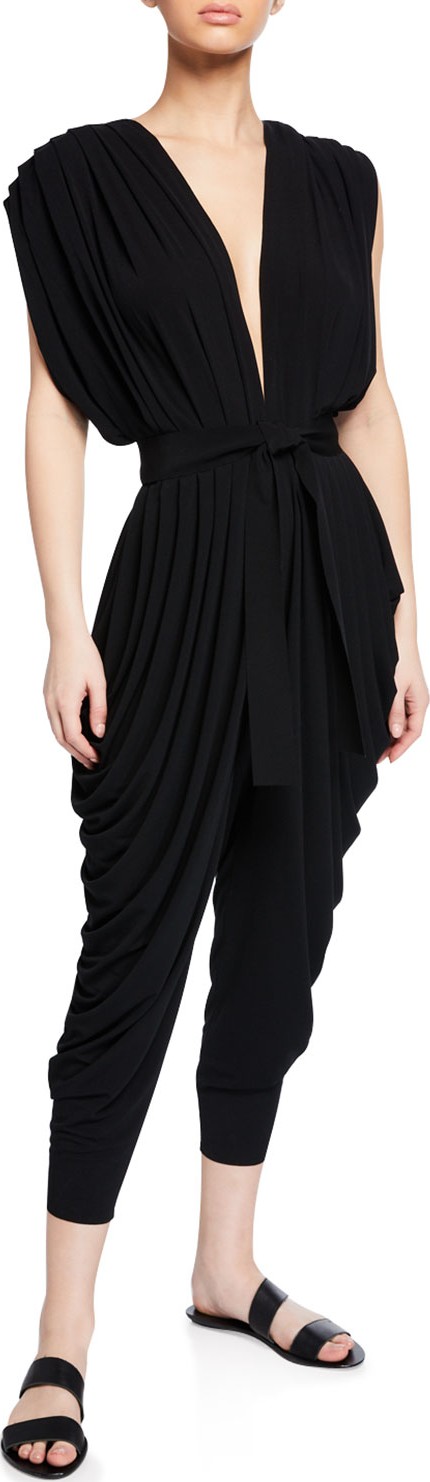 Norma Kamali Plunging Sleeveless Waterfall Jumpsuit