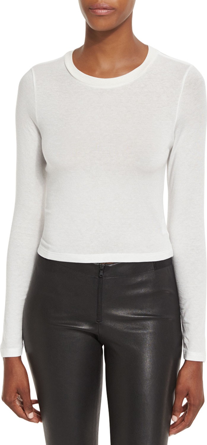 Alice + Olivia Jaylene Long-Sleeve Crewneck Crop Top, Cream