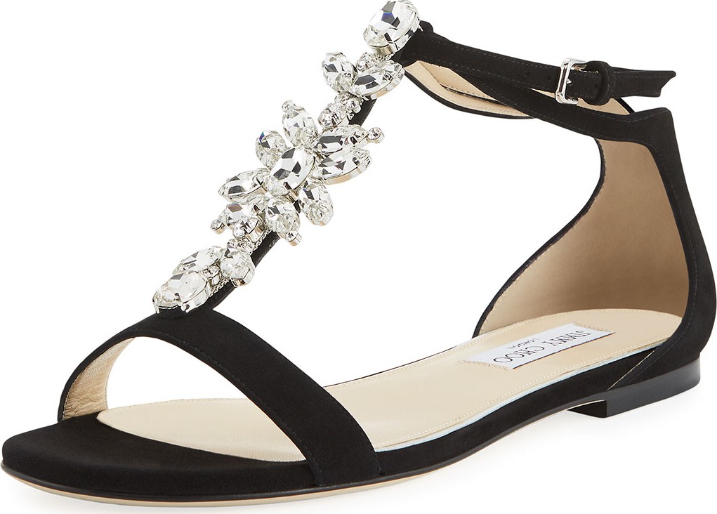 Jimmy Choo Averie Flat Embellished Suede T-Strap Sandals