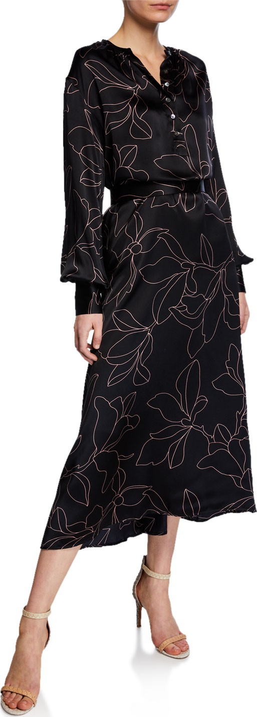 Equipment Alowette Floral-Print Long-Sleeve Silk Midi Dress