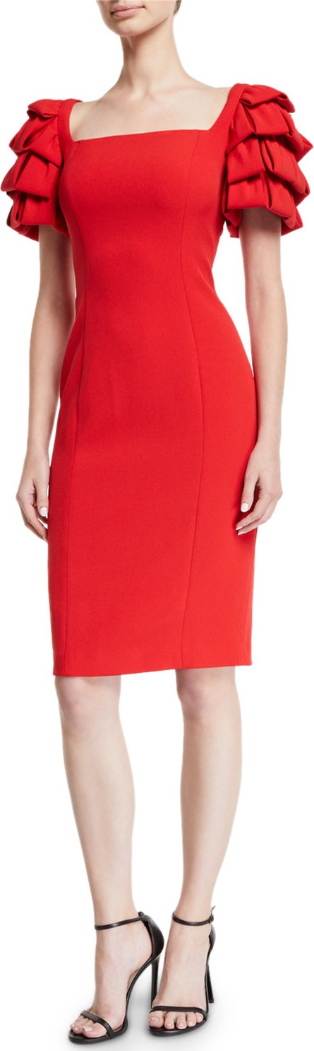 Badgley Mischka Square-Neck Cocktail Dress w/ Looped Sleeves