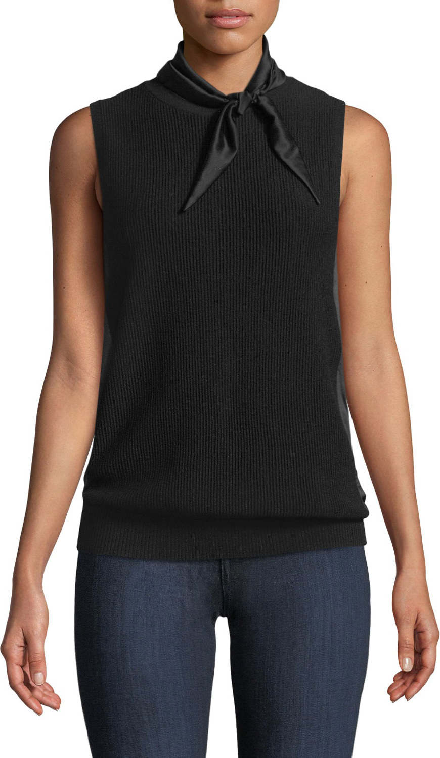 Elie Tahari Skyla Sleeveless Satin-Trim Wool Sweater