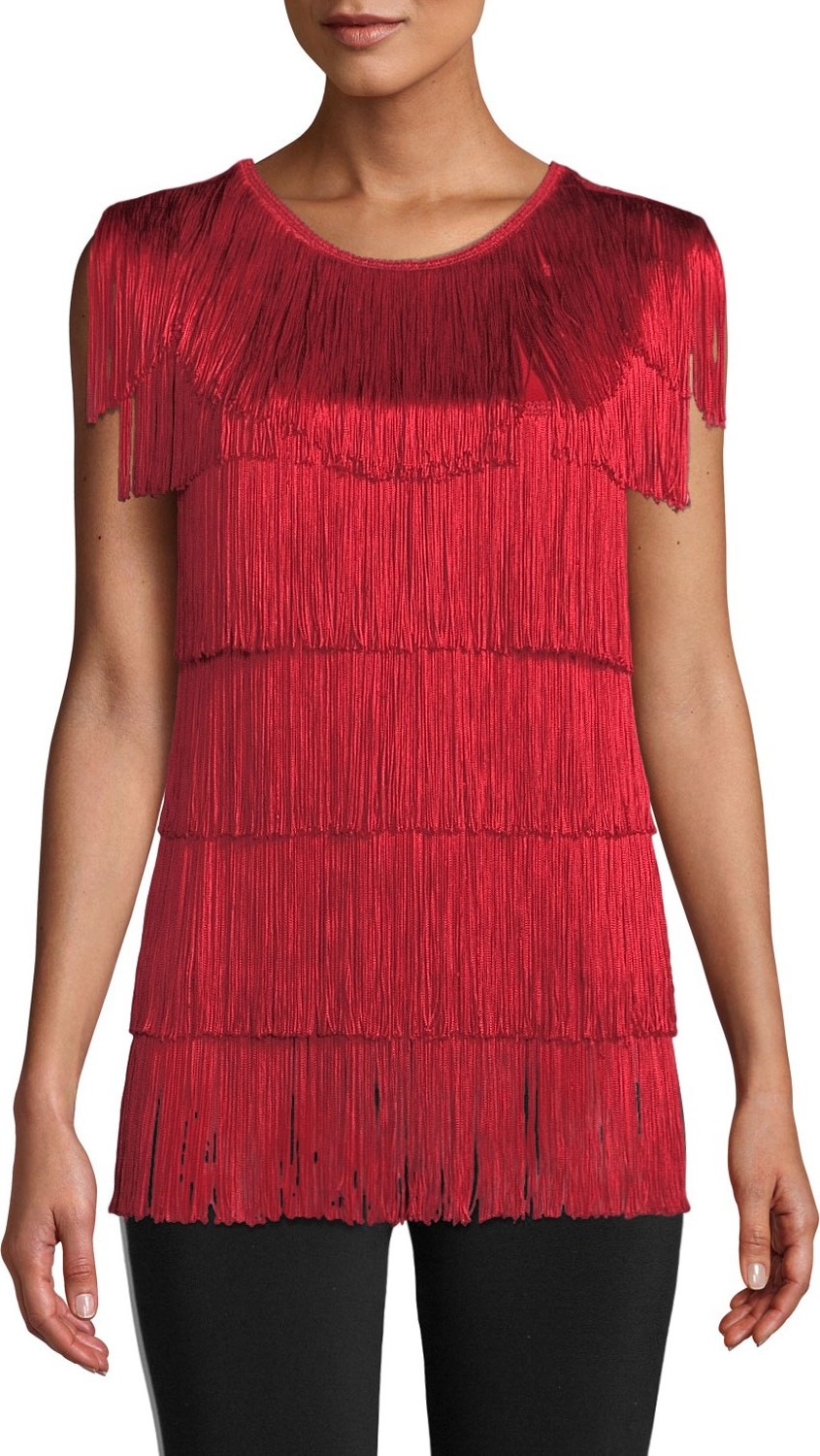 Norma Kamali Sleeveless Crewneck Fringe Tee