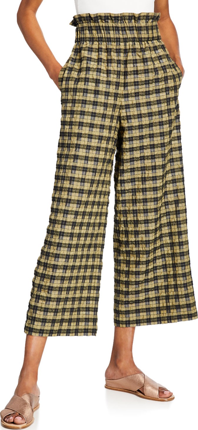 Ganni Smocked Seersucker Wide-Leg Check Pants