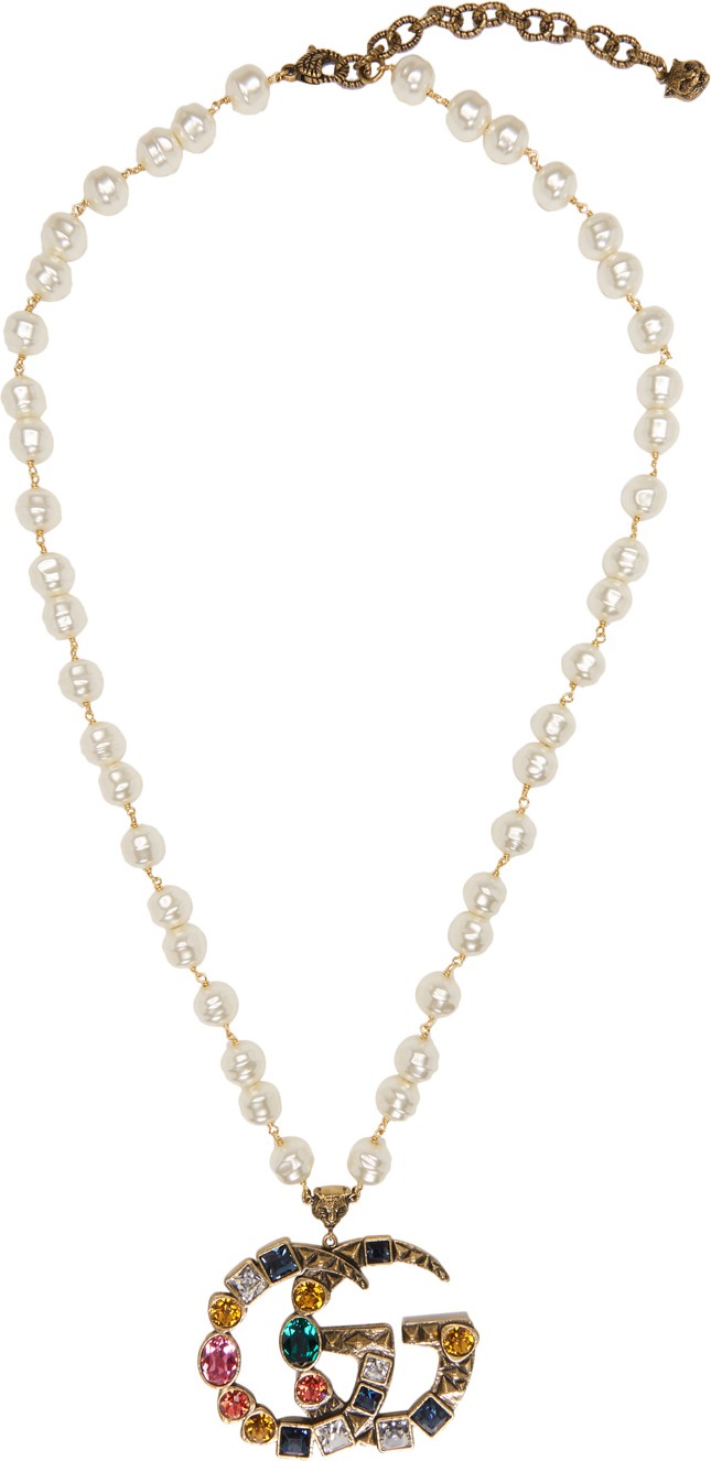 Gucci Gold Crystal & Pearl Pendant Necklace