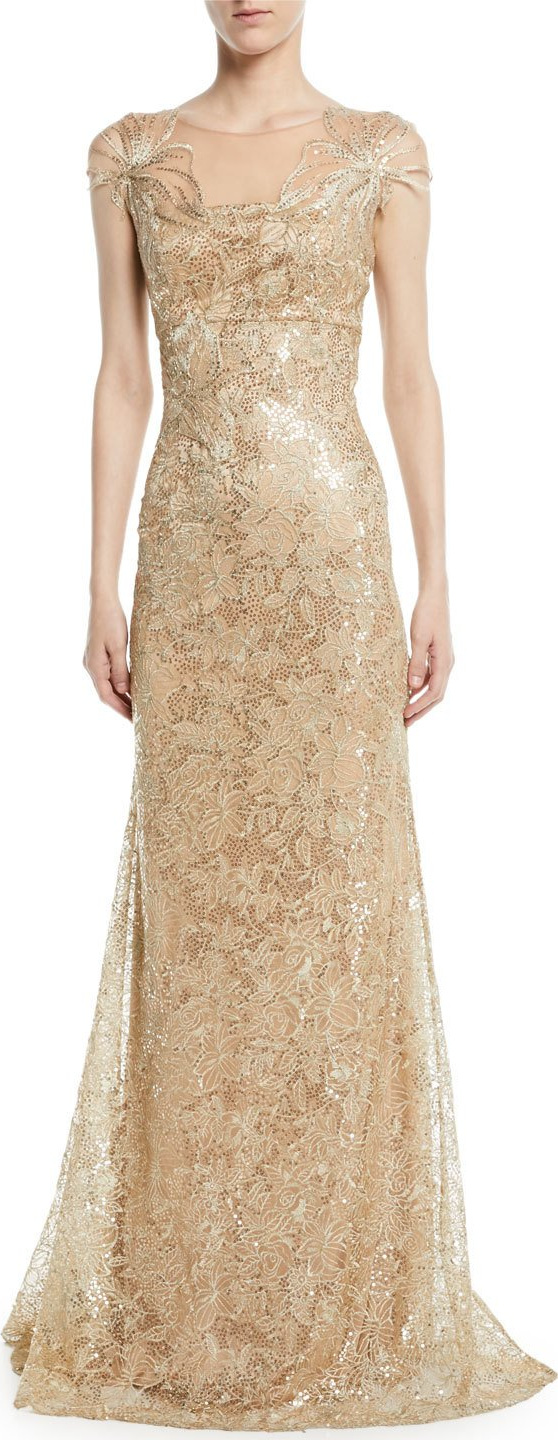David Meister Embroidered Gown w/ Metallic Floral Appliqué