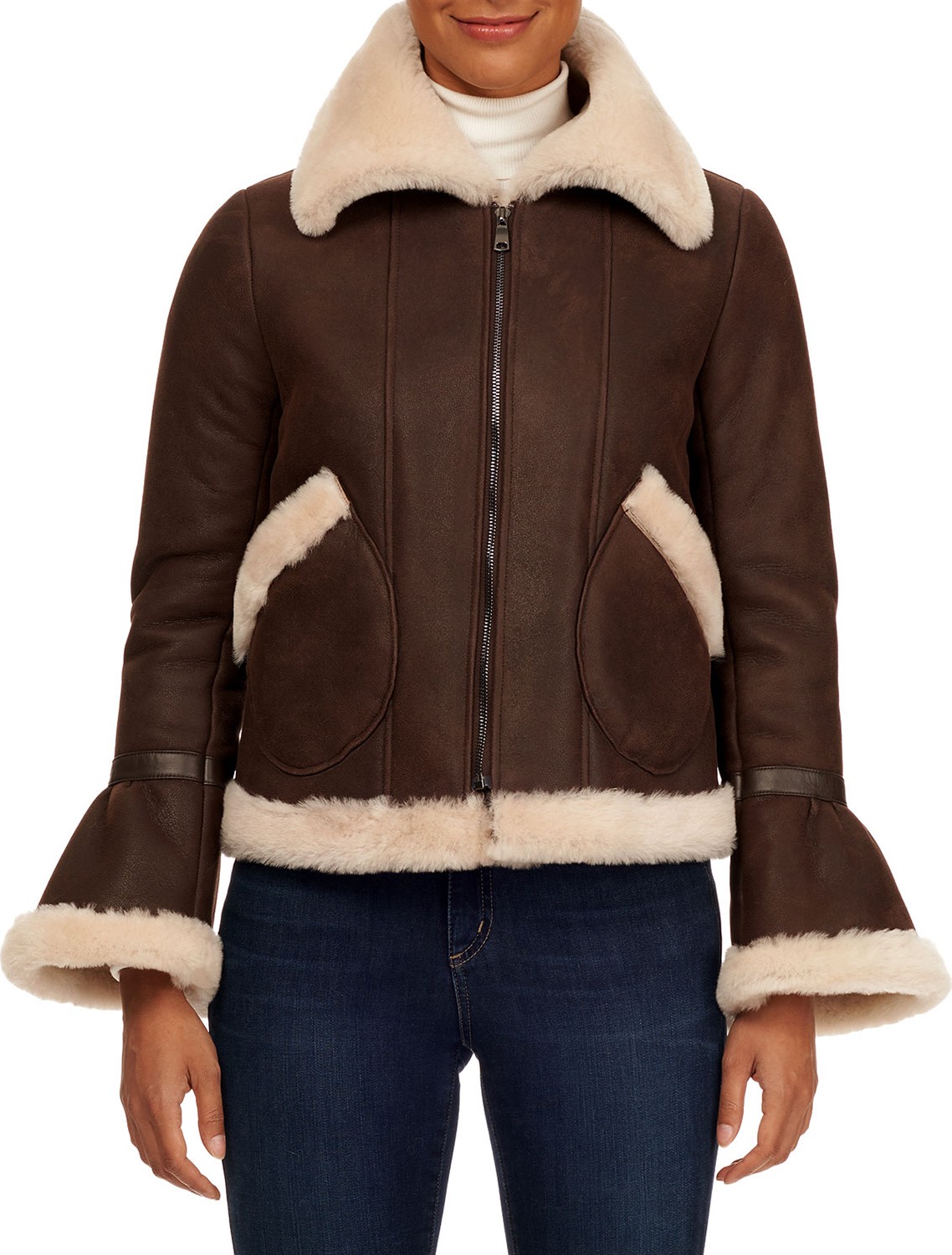 Gorski Bell-Sleeve Shearling-Trim Suede Jacket Gorski Bell-Sleeve Shearling-Trim Suede Jacket