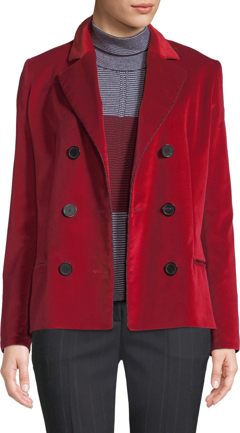 Piazza Sempione Notched-Collar Double-Breasted Velvet Jacket w/ Striped Cording