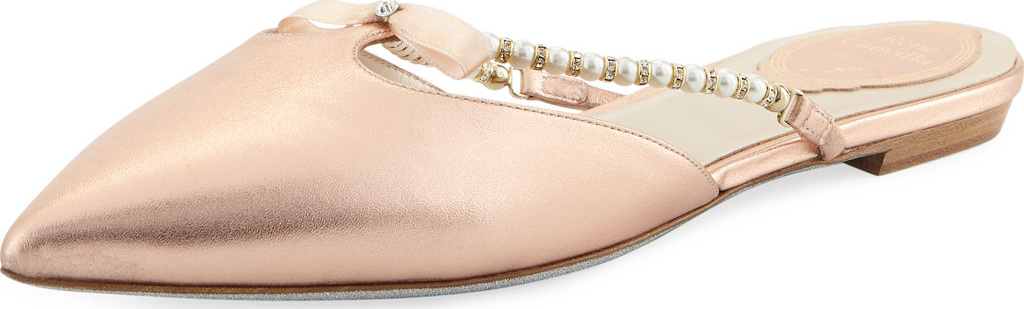 Rene Caovilla Flat Metallic Leather Mule with Bow