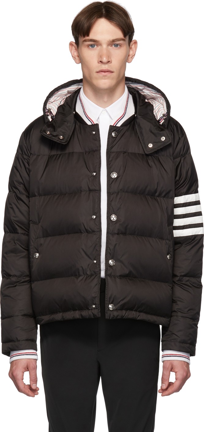 Thom Browne Black Down 4-Bar Snap Front Bomber Jacket