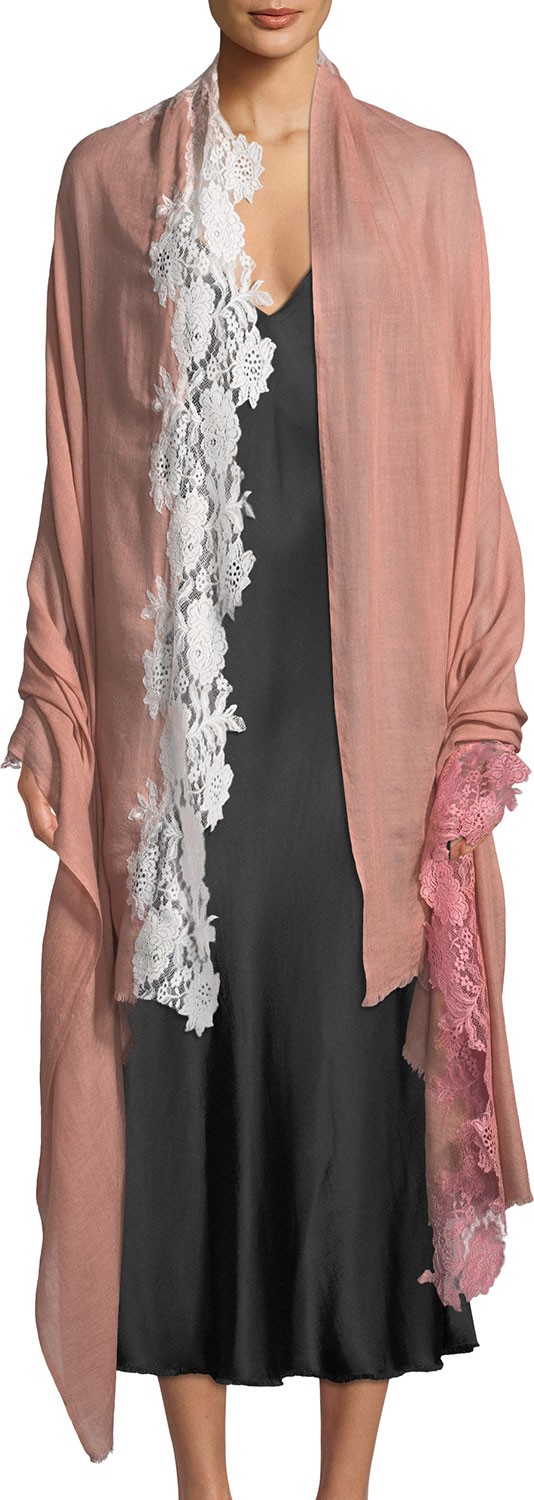 Bindya Wool-Silk Scarf w/ Mixed Lace Trim