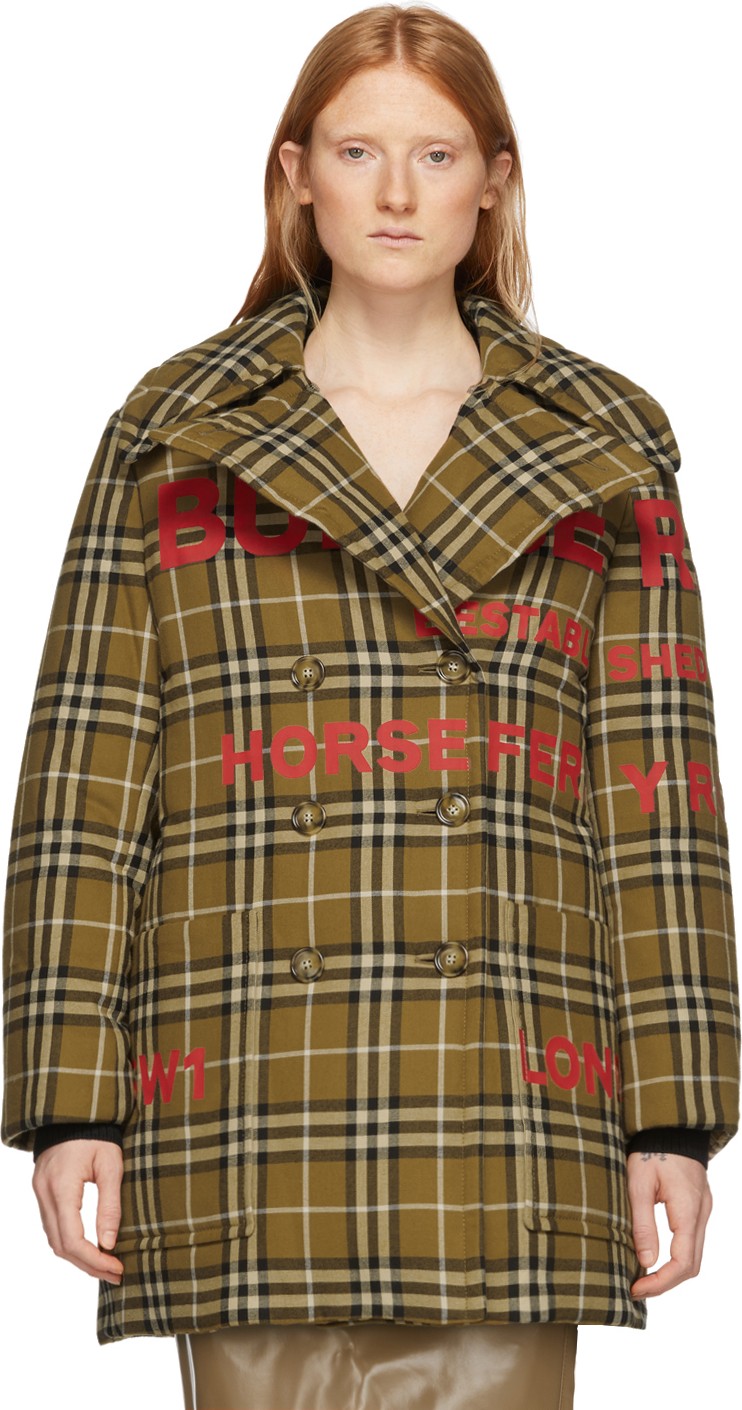 Burberry London England Tan Down Vintage Check Double-Breasted Coat