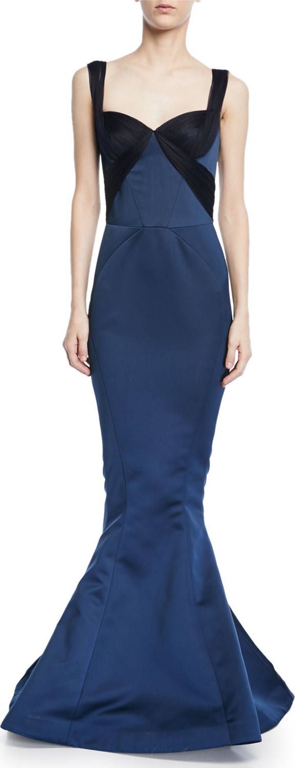 Zac Posen Double Faced Duchess Gown w/ Gathered Tulle Trim