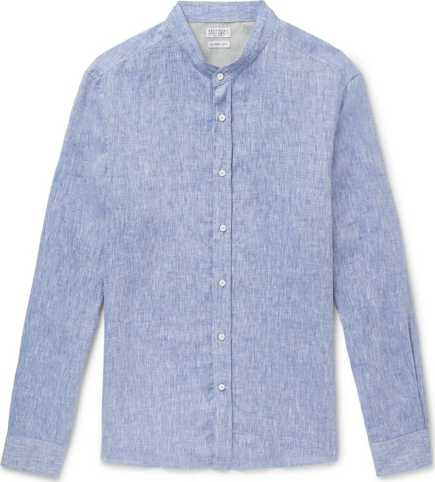 Brunello Cucinelli Grandad-Collar Mélange Linen Shirt