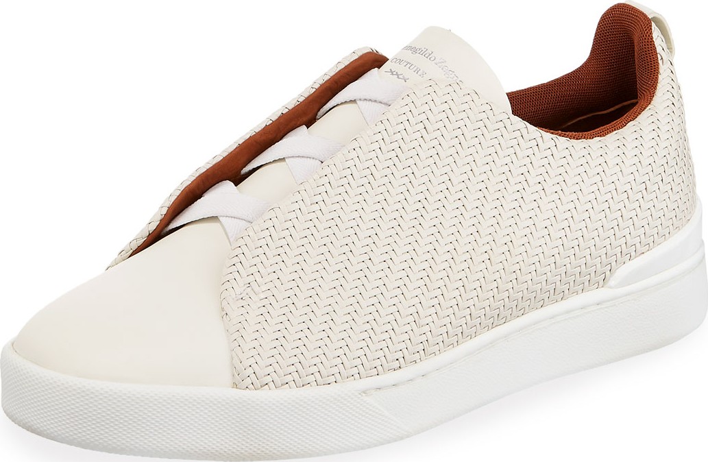Ermenegildo Zegna Men's Triple-Stitch Pelle Tessuta Low-Top Sneakers