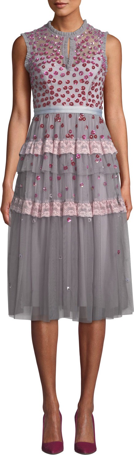 Needle & Thread Nova Sleeveless Floral-Applique Tulle Cocktail Midi Dress