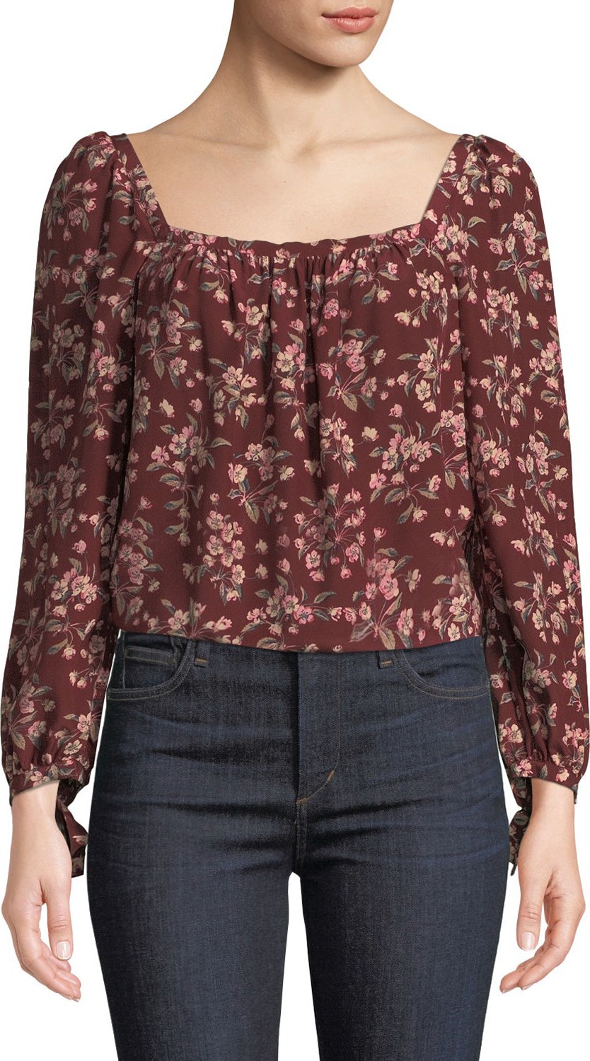 Rebecca Taylor Tilda Floral Shirred Long-Sleeve Charmeuse Top