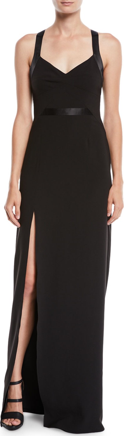 HALSTON HERITAGE Crepe V-Neck Gown w/ Satin Contrast