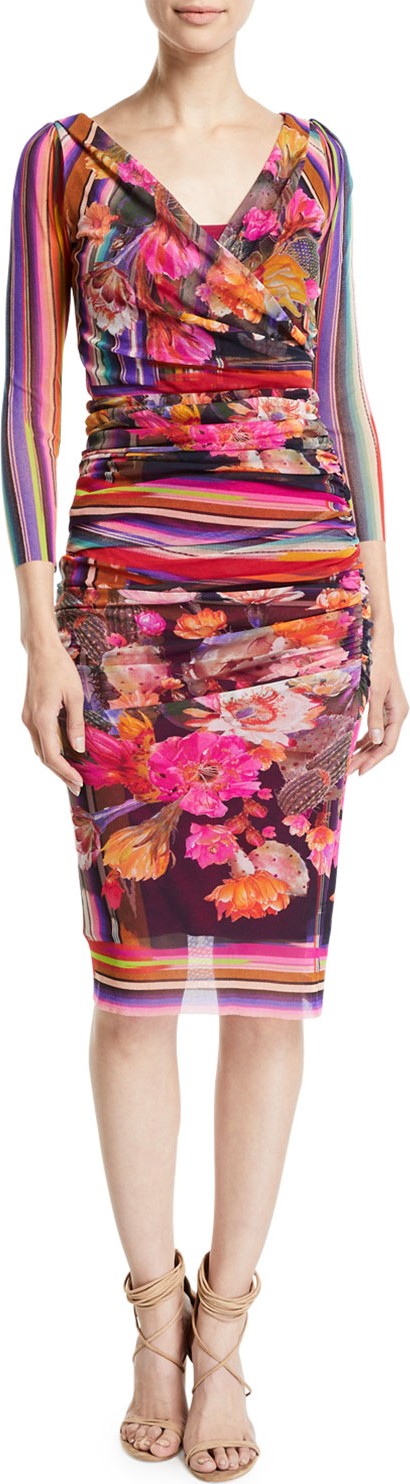 Fuzzi Cactus 3/4-Sleeve V-Neck Fitted Floral-Print Dress