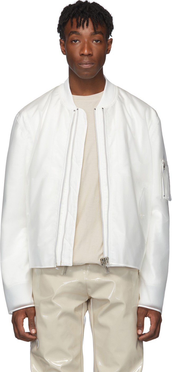 Helmut Lang White Sheer Rubber Bomber Jacket