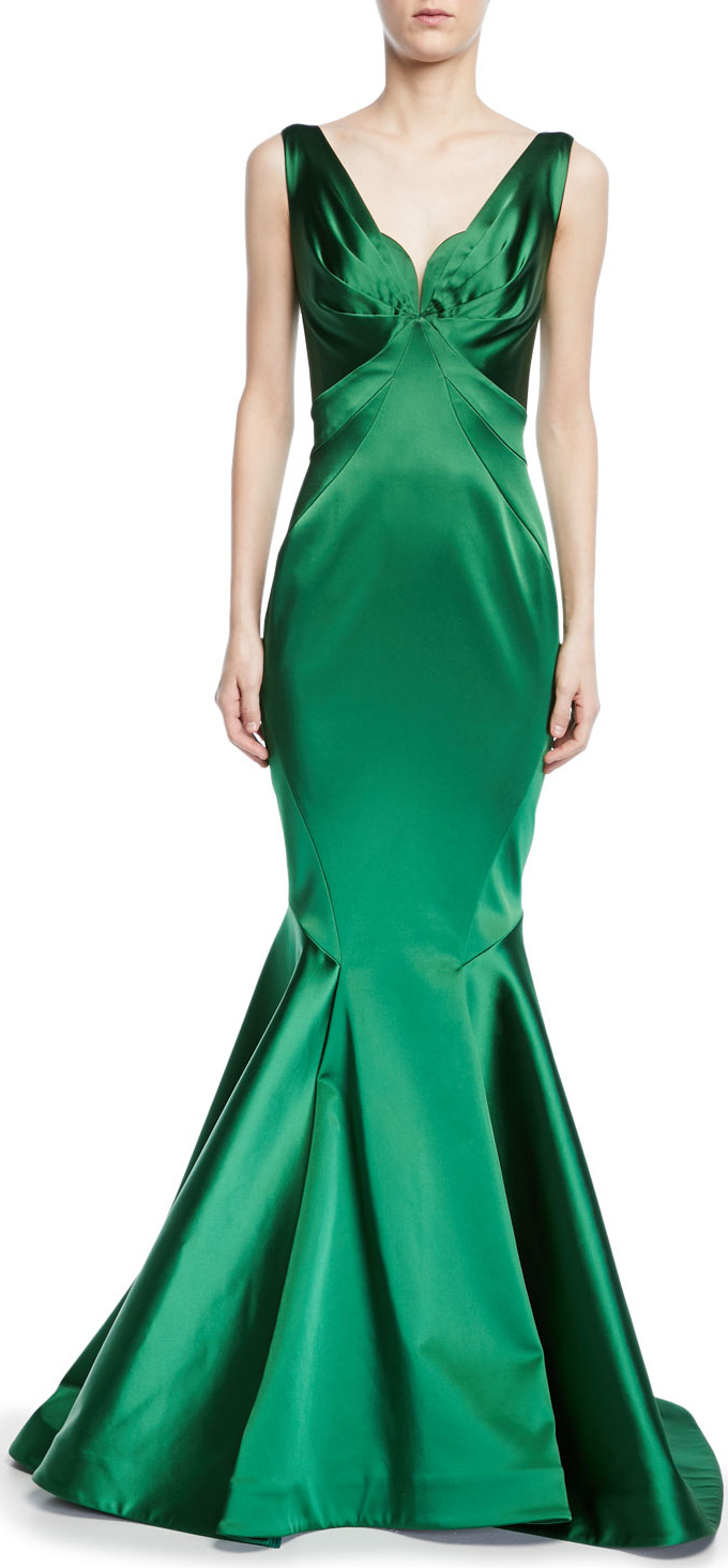 Zac Posen V-Neck Stretch Satin Trumpet Gown