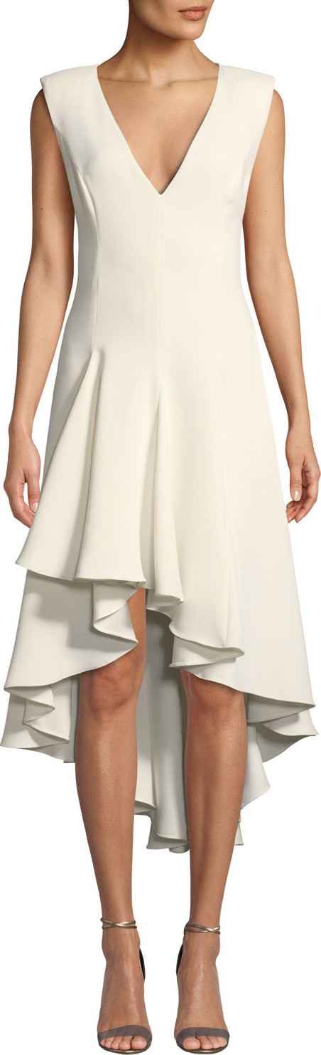 HALSTON HERITAGE Sleeveless V-Neck Flowy High-Low Cocktail Dress